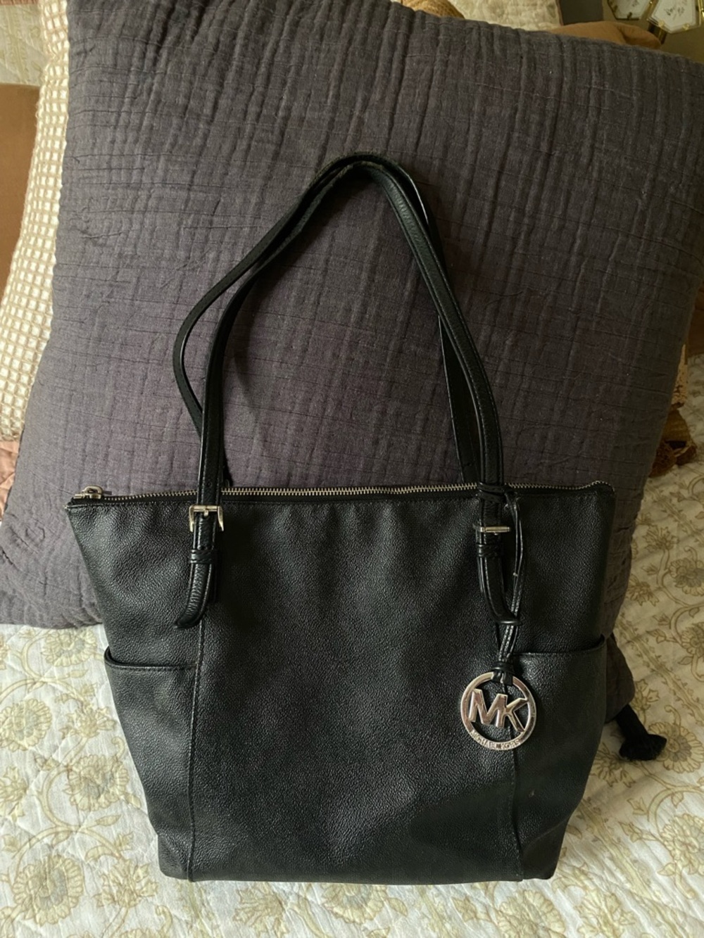Michael Kors Black Leather Tote with Signature MK Pendant — Medium size